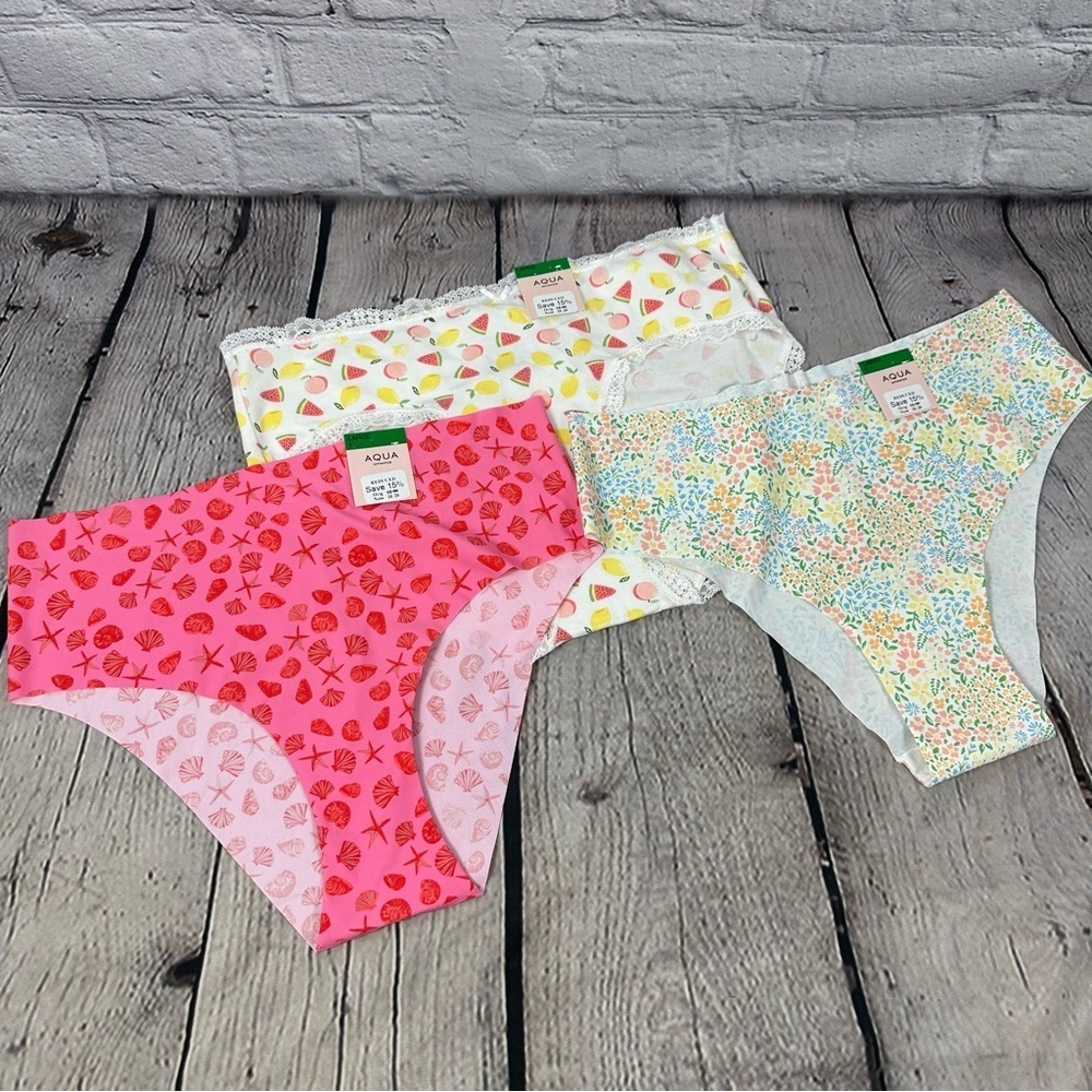 Aqua Intimates Set Three Panties Underwear Stretch Hipsters & Thong Pink L NWT
